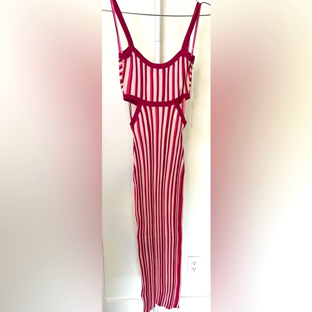 Torn by Ronny Kobo Red, Pink and Cream Artemis Knit Striped Cut-out Midi Dress - Picture 6 of 6